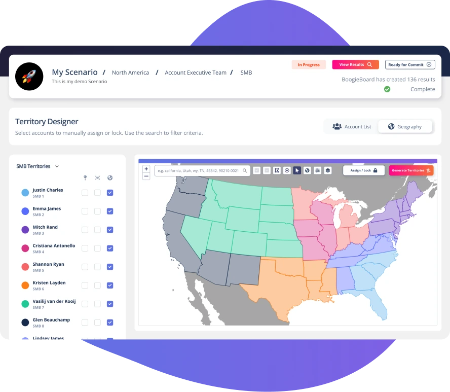 BoogieBoard GeoAware technology mapping interface showing territory visualization with account clustering and geographic optimization. This advanced sales territory mapping tool enables sales leaders to generate both targeted account lists and geographically-based territories, ensuring geographical clusters that maximize equitability and territorial consistency for optimal sales performance.